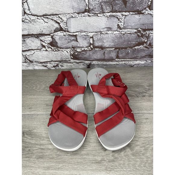 Clarks Cloud Steppers Red Fabric Strappy Wedge Comfort Sandals Women 8M US/39EU - Picture 10 of 16